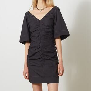 Ganni Cotton Black Ruched Dress 38 Medium Contrast Stitch